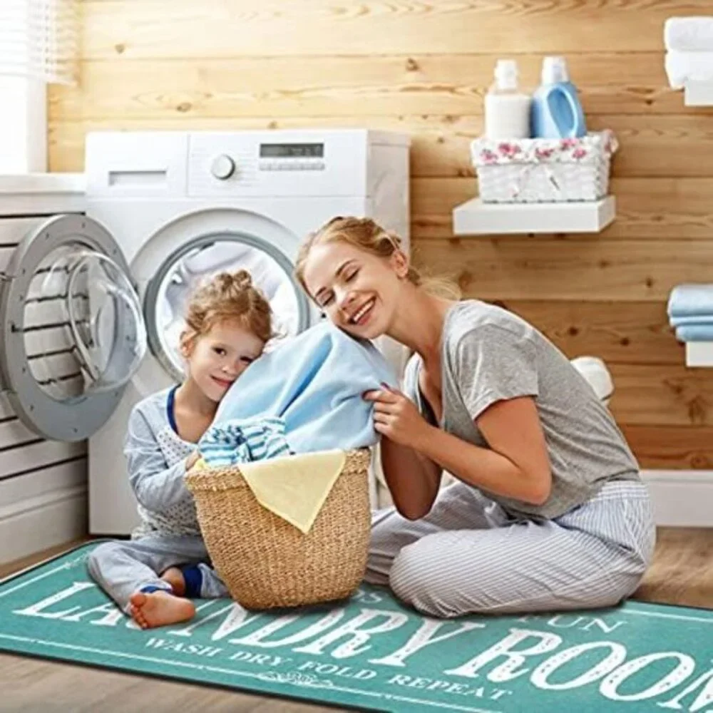 Non Slip Laundry Runner Rug Farmhouse Mat for Bathroom Teal, 20 X 47